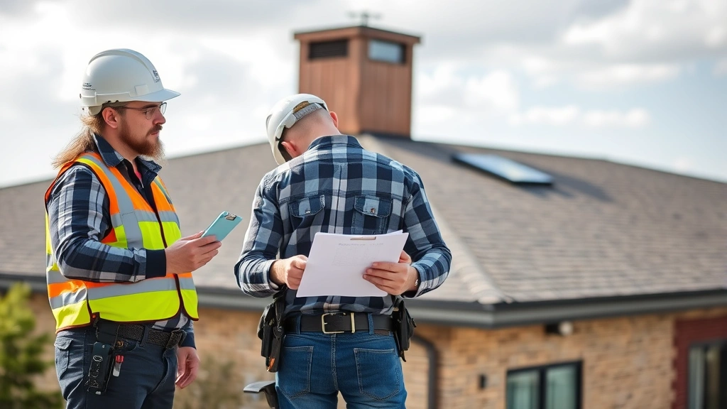 Team of roofing professionals conducting roof inspection on commercial building with clipboard and measuring tools, showing professional assessment and quality control processes