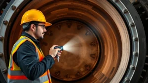 Professional technician in safety gear performing maintenance inspection inside an industrial kiln chamber, using measurement tools and flashlight to examine internal refractory surfaces and heating elements, industrial facility background