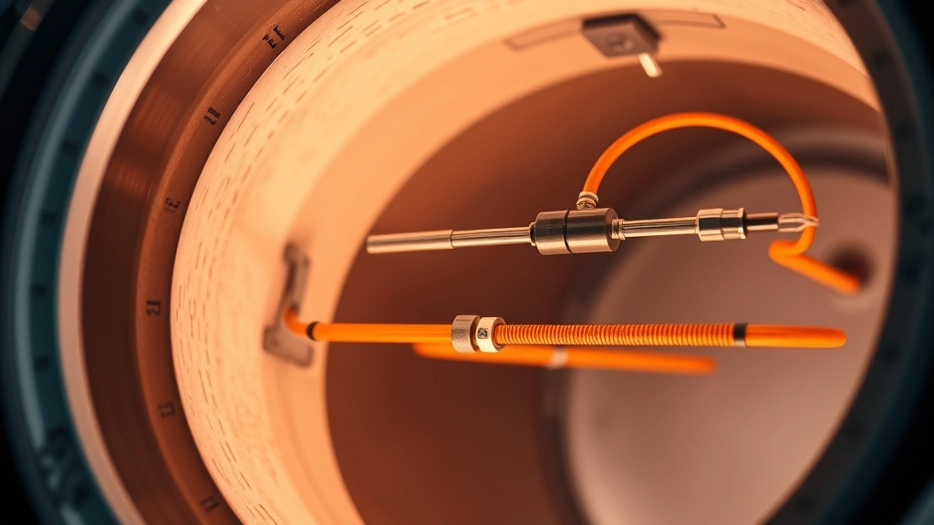 Close-up of industrial heating elements and thermocouple sensors mounted inside a kiln chamber, showing temperature measurement components and element installation details in a manufacturing facility