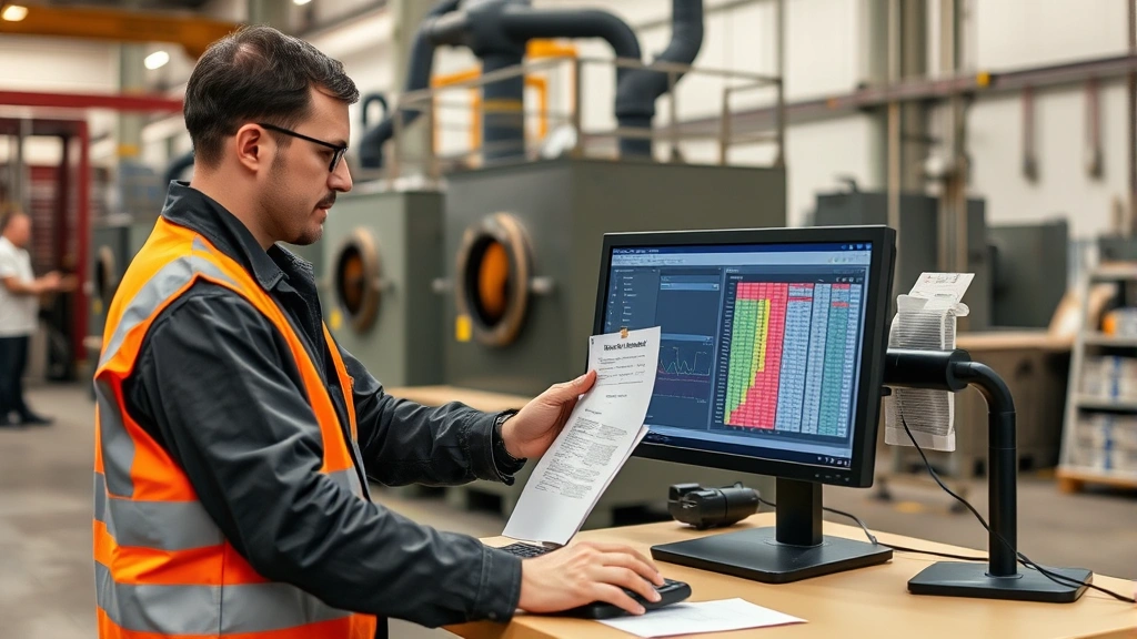 Facility manager reviewing maintenance documentation and temperature logs on a computer workstation in an industrial manufacturing environment, with kiln equipment visible in the background