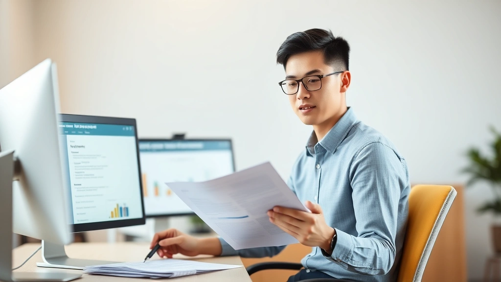 Professional young international student in business casual attire sitting at a desk with two computer monitors, reviewing employment documents and taking notes, modern office environment with natural lighting, focused expression showing careful planning and organization