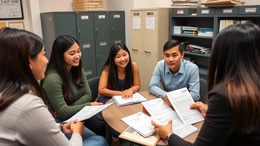 Diverse group of international students in a university career services office meeting with a DSO advisor, reviewing I-20 forms and employment authorization documents, collaborative professional setting with filing cabinets and compliance materials visible