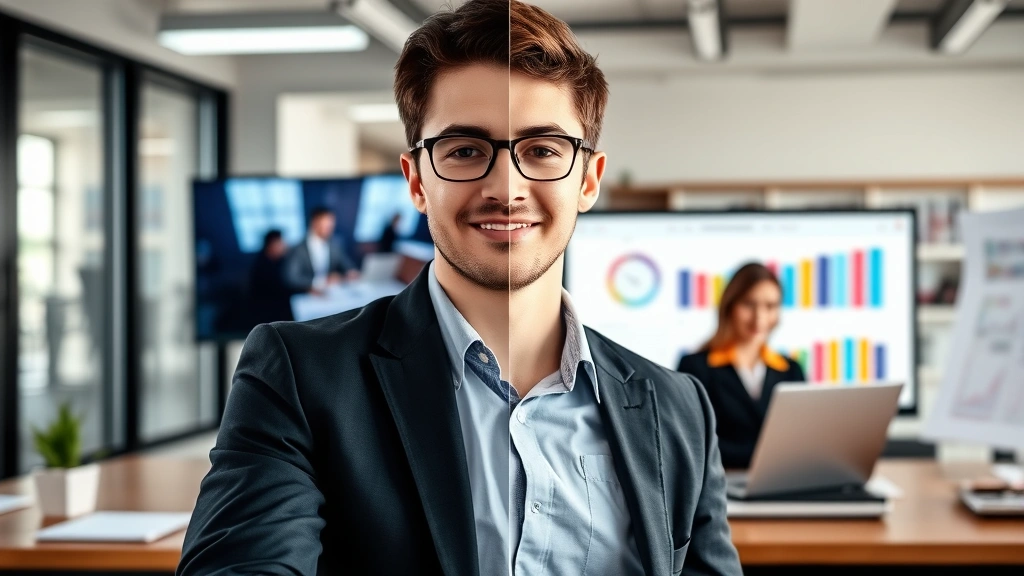 Busy young professional managing dual work responsibilities, split-screen showing simultaneous engagement with two different corporate office environments, time management tools and calendar visible, representing work-life balance and schedule coordination challenges