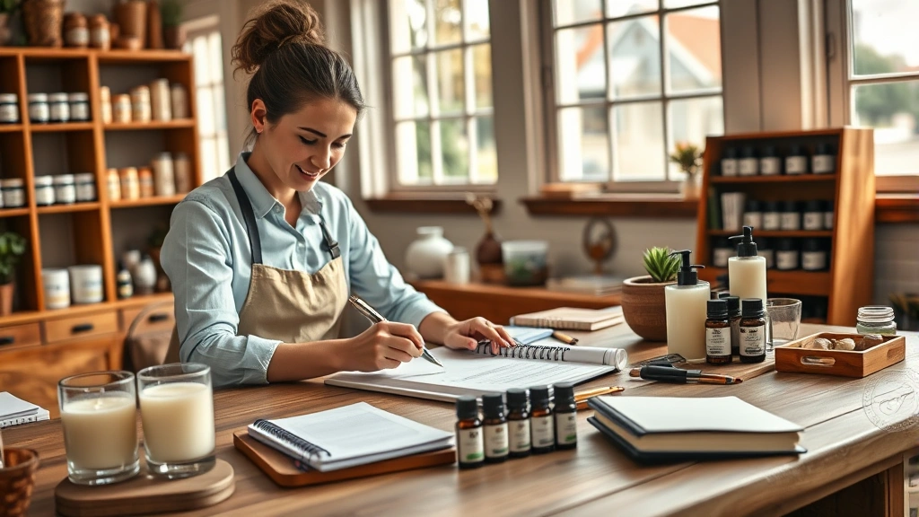 Professional candle maker working at wooden desk with organized scent samples, essential oil bottles, and notebook, natural lighting from large windows, warm professional atmosphere, no text visible