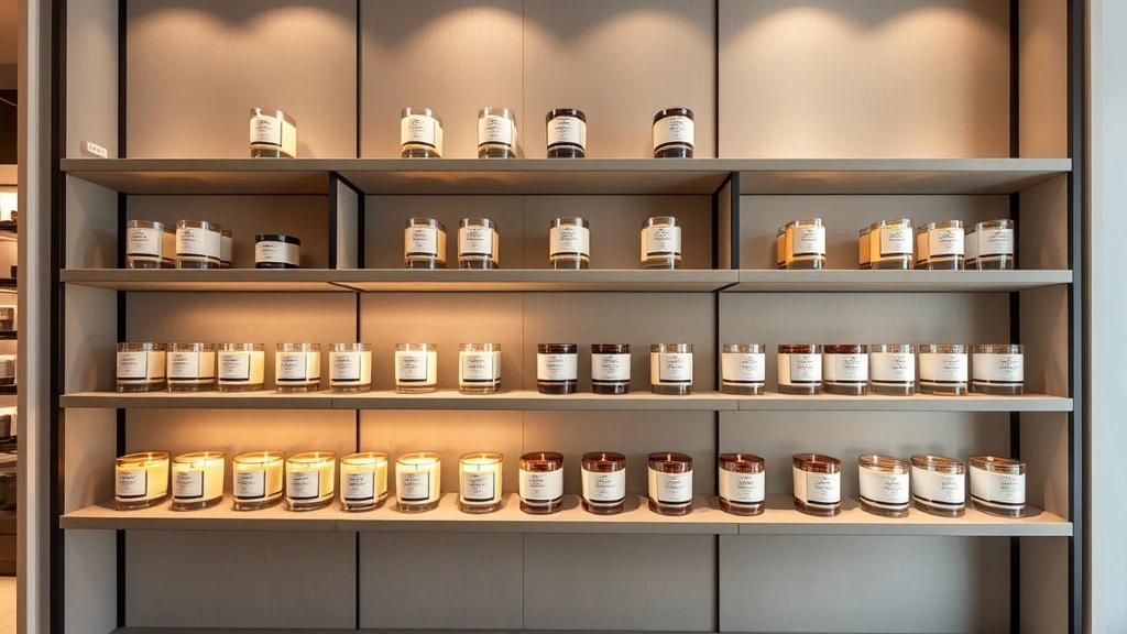 Luxury candle display in modern retail environment with minimalist shelving, various artisanal candle jars, soft ambient lighting, high-end interior design aesthetic, professional product presentation
