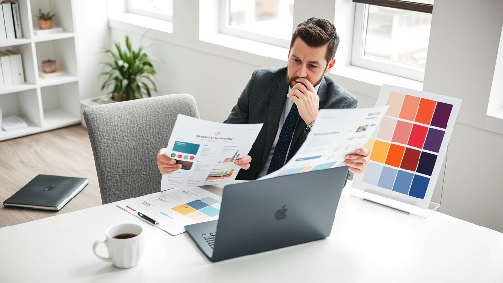 Business owner reviewing brand strategy documents and color palettes at clean desk workspace, laptop open, coffee cup nearby, thoughtful professional expression, modern office environment, no visible text on documents