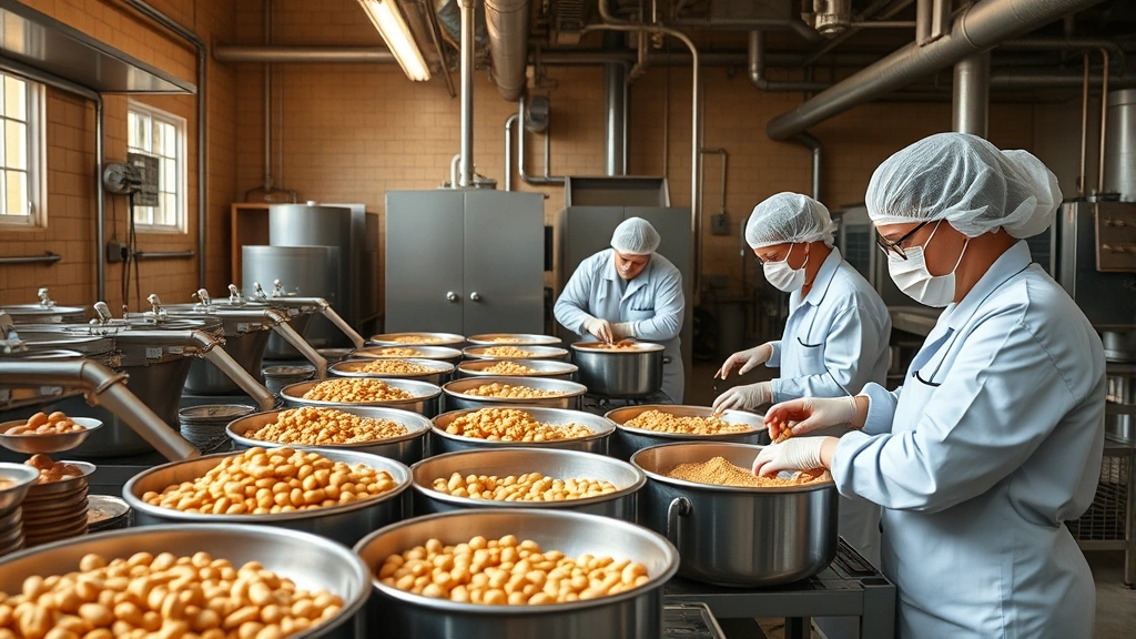 Artisan peanut butter production facility with workers in hygiene uniforms carefully measuring and mixing premium peanut ingredients in stainless steel equipment, warm natural lighting highlighting the craftsmanship
