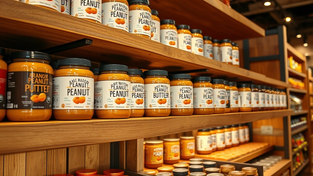 Premium peanut butter jars displayed on rustic wooden shelves in an upscale specialty food retail environment, soft warm lighting, various flavors visible, sophisticated minimalist branding