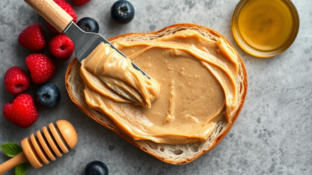 Overhead shot of creamy peanut butter texture being spread on artisan bread with fresh berries and honey nearby, natural daylight, professional food photography style, appetizing presentation