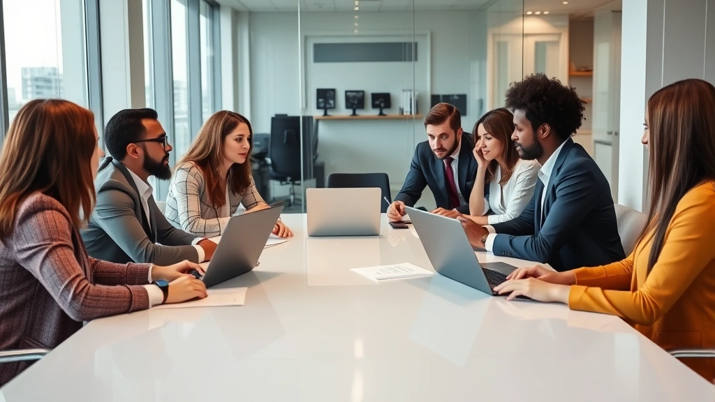 Professional business team in modern corporate office discussing strategy, diverse employees collaborating around sleek conference table with laptops and documents