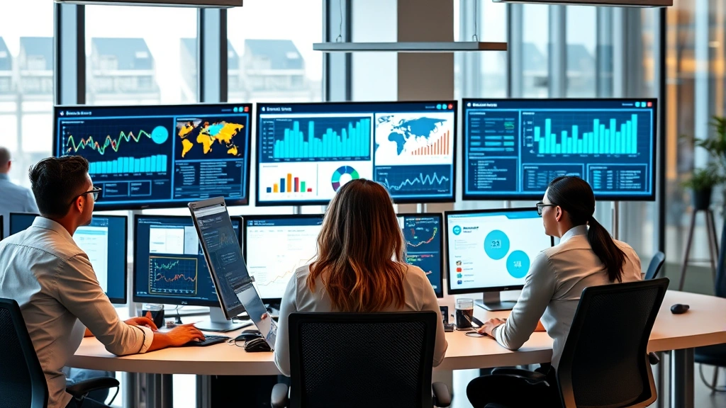 Diverse workforce collaborating at contemporary workspace with multiple monitors showing data analytics and business metrics, professional corporate environment