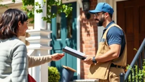 Professional delivery driver in uniform collecting cash payment from customer at residential doorstep, holding clipboard and mobile payment device, bright daylight, urban residential setting, focused on transaction moment