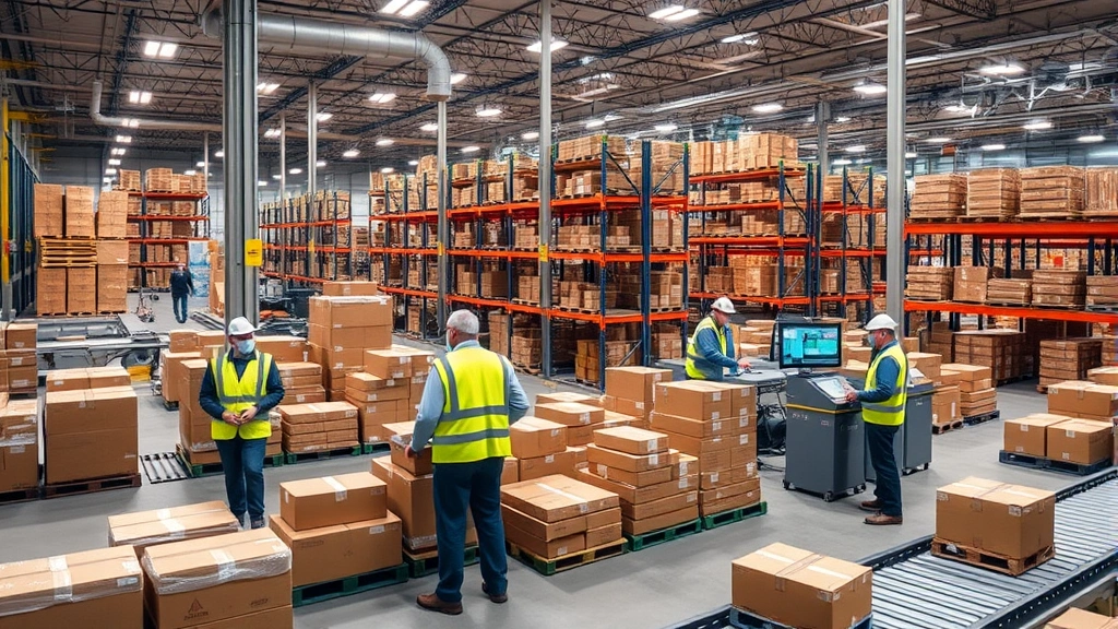 Modern logistics warehouse with organized package sorting stations, workers in safety vests managing inventory, conveyor systems and delivery tracking screens visible, professional corporate environment with warm lighting