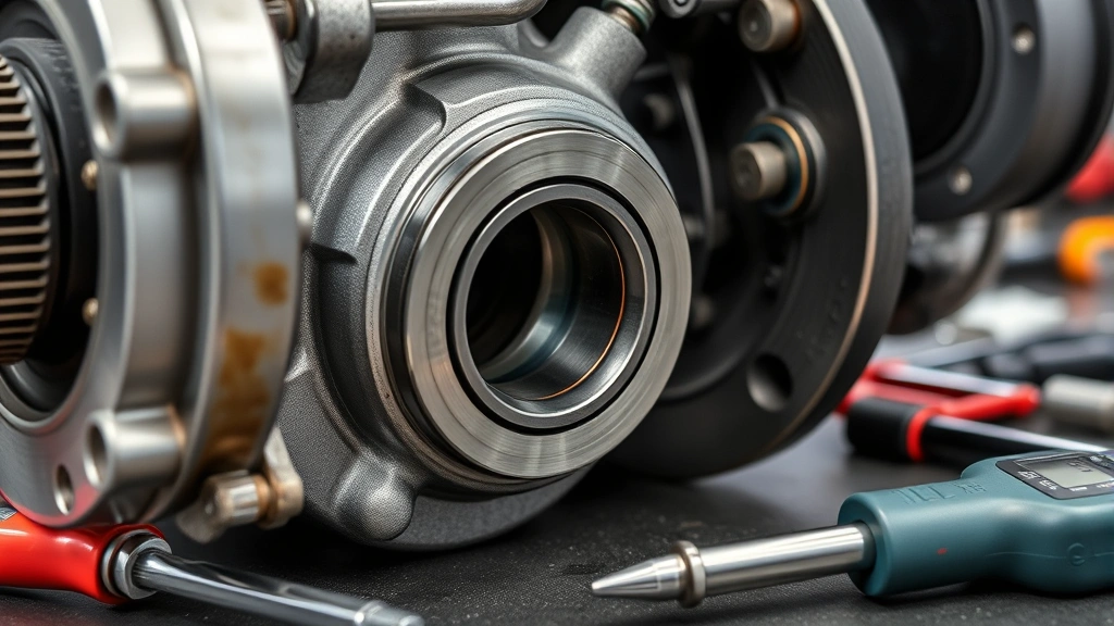 Close-up of equipment components showing lubrication points, bearings, and seals with maintenance tools and inspection instruments on workbench