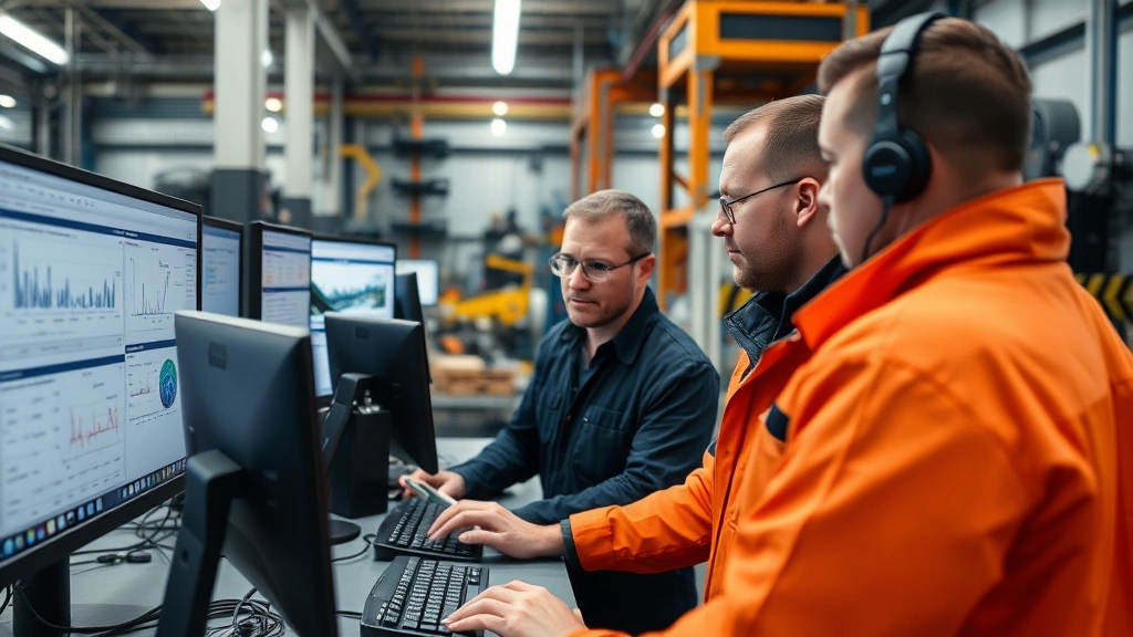 Team of trained technicians reviewing maintenance documentation and performance data on computer screens in organized industrial maintenance facility
