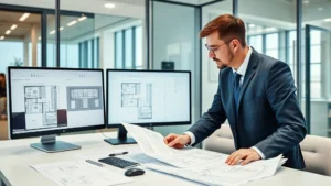 Professional elevator consultant reviewing technical blueprints and system documentation in modern office conference room with computer displays showing building floor plans and elevator specifications