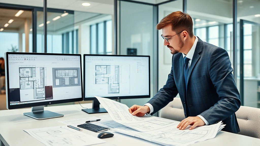 Professional elevator consultant reviewing technical blueprints and system documentation in modern office conference room with computer displays showing building floor plans and elevator specifications