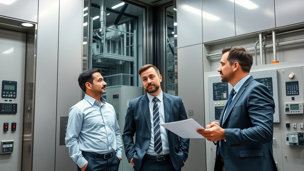 Experienced consulting team in business attire discussing elevator modernization strategy in high-rise building mechanical room with industrial equipment and control systems visible in background