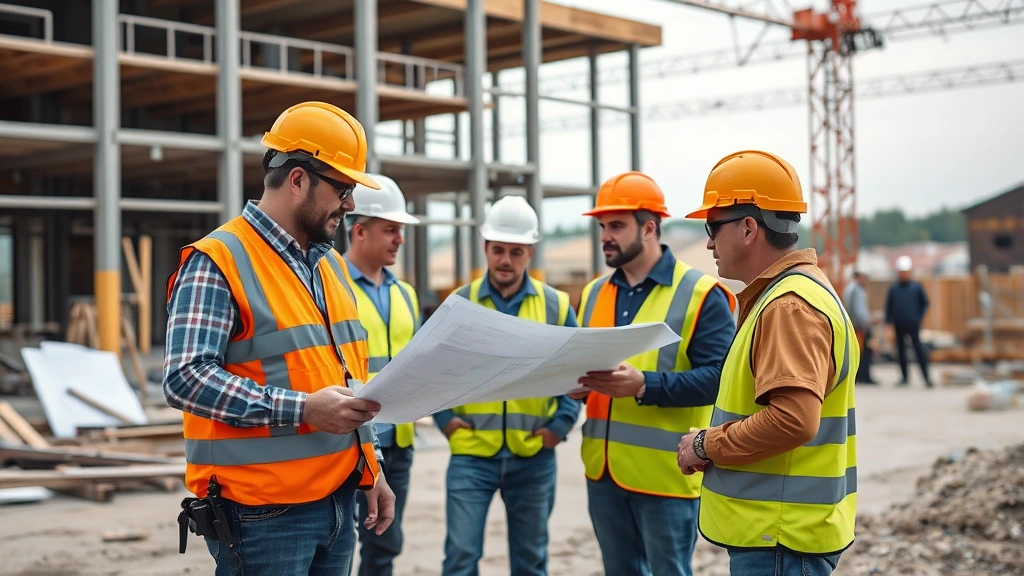 Construction workers in safety gear examining structural elements and blueprints on active job site, multiple team members coordinating project execution with visible building framework