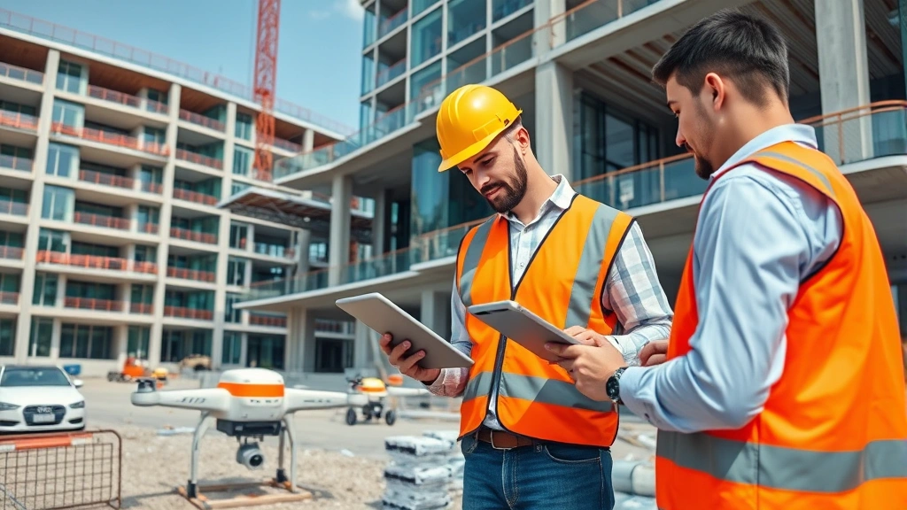 Modern construction site featuring workers using digital tablets for project management, drone equipment visible, contemporary building development with integrated technology and team communication