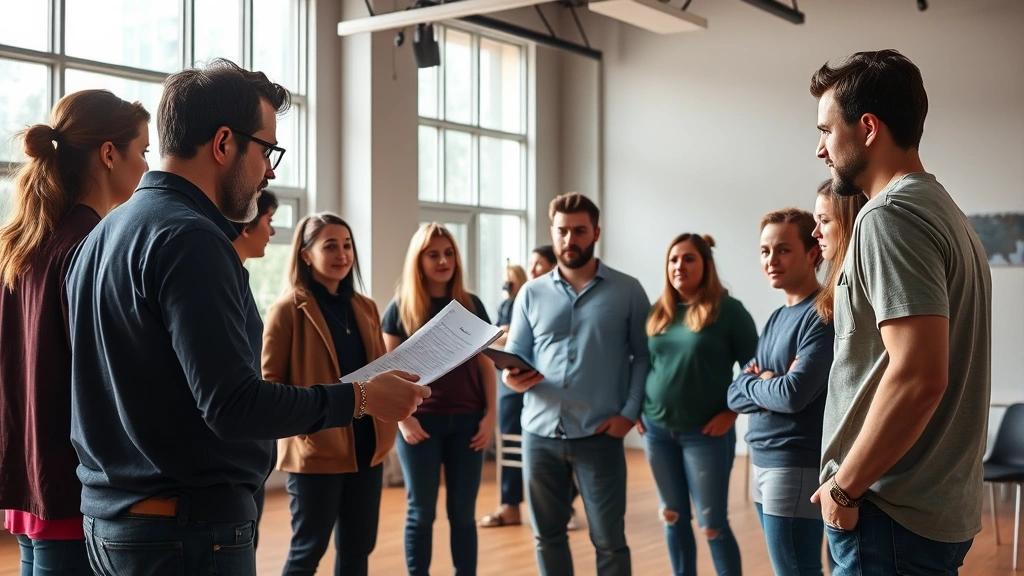Professional theater director reviewing script with ensemble cast members in modern rehearsal studio, natural daylight through large windows, collaborative artistic atmosphere, diverse performers engaged in discussion