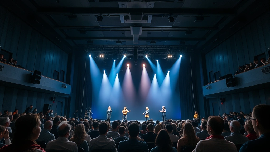 Contemporary theater audience in mid-performance, sophisticated lighting design illuminating stage with actors, engaged spectators seated in well-designed theater, professional production quality evident, emotional theatrical moment captured