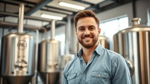 Professional brewery owner standing confidently in modern craft brewery facility with stainless steel fermentation tanks visible in background, wearing casual business attire, natural lighting from industrial windows, authentic production environment
