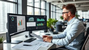 Professional property manager reviewing building blueprints and maintenance schedules at modern office desk with computer monitors displaying property data dashboards and analytics, natural daylight from windows, contemporary corporate workspace setting