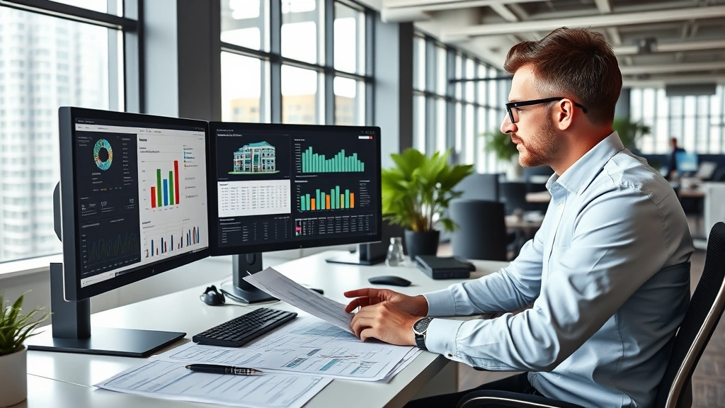 Professional property manager reviewing building blueprints and maintenance schedules at modern office desk with computer monitors displaying property data dashboards and analytics, natural daylight from windows, contemporary corporate workspace setting