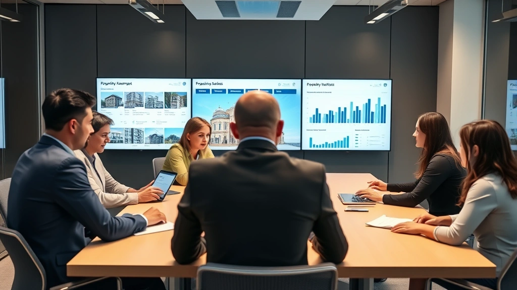 Team of property management professionals collaborating in modern conference room around large table with digital displays showing property portfolios, occupancy metrics, and financial reports, diverse group engaged in strategic planning discussion
