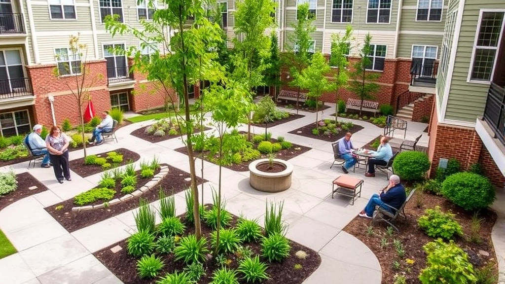Residential property community courtyard with well-maintained landscaping, comfortable seating areas, and residents socializing, showcasing community building and tenant satisfaction in professionally managed property