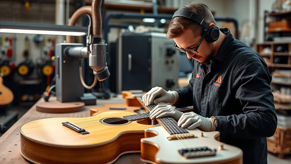 Factory workstation with precision guitar manufacturing equipment, skilled technician checking fretboard accuracy with specialized tools, industrial workshop setting, professional quality control process