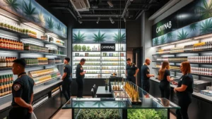 Professional cannabis retail dispensary environment with modern shelving displays, organized product sections, professional staff in uniforms, and customers browsing premium cannabis products in contemporary urban setting