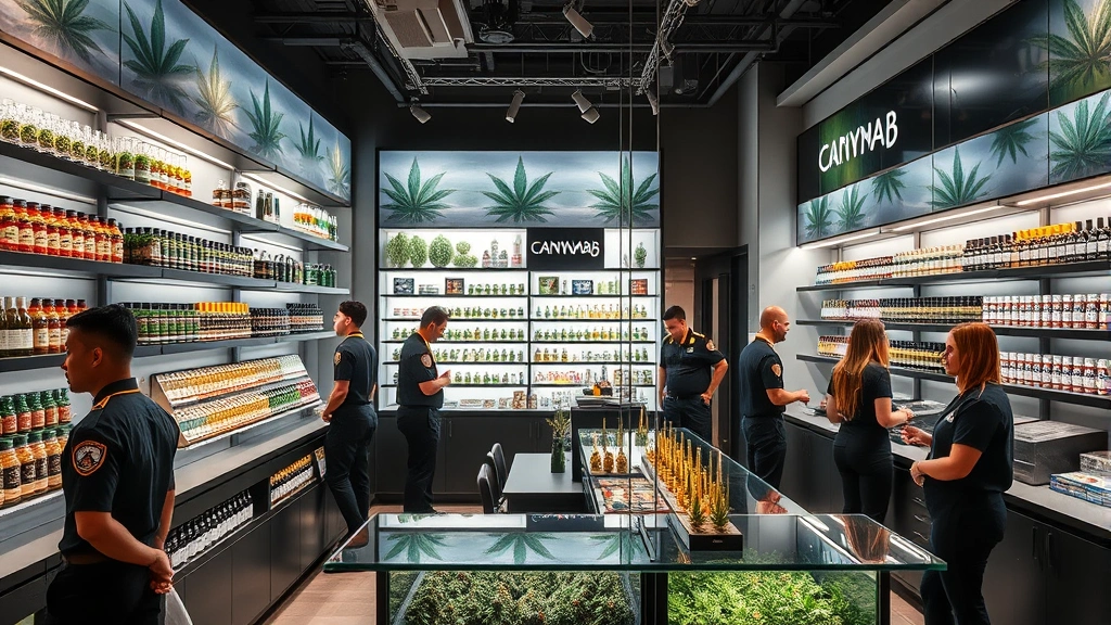 Professional cannabis retail dispensary environment with modern shelving displays, organized product sections, professional staff in uniforms, and customers browsing premium cannabis products in contemporary urban setting
