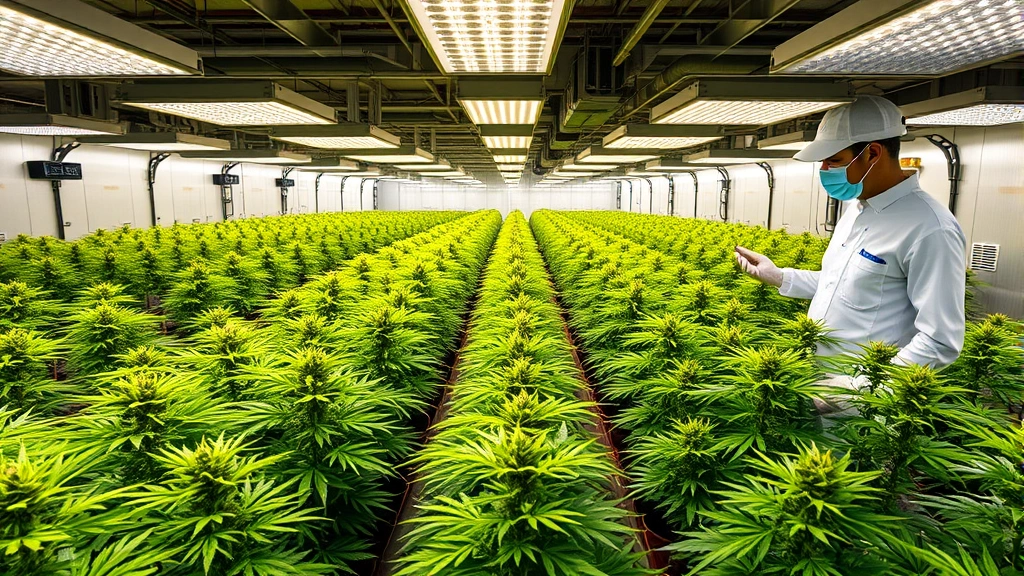 Modern cannabis cultivation facility with rows of healthy plants under professional LED lighting systems, climate control equipment, and trained technicians monitoring plant health in sterile, organized growing environment