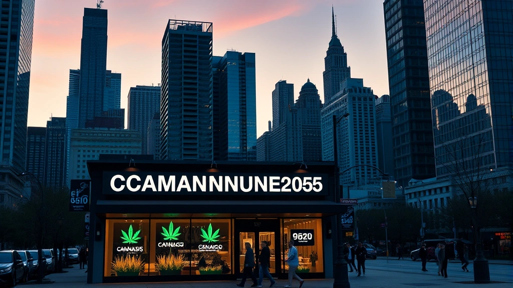 Chicago urban skyline at dusk with cannabis dispensary storefront featuring professional signage, modern architecture, and foot traffic, representing the city's thriving cannabis market