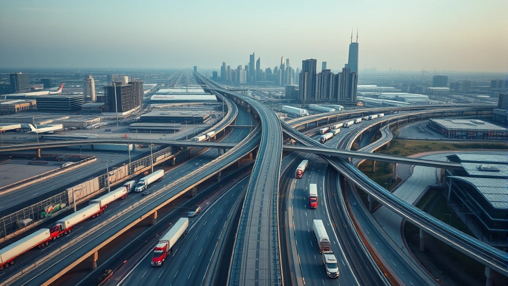 Aerial view of Chicago's O'Hare area with multiple semi-trucks on interstate highways, modern infrastructure, daytime lighting, professional transportation landscape