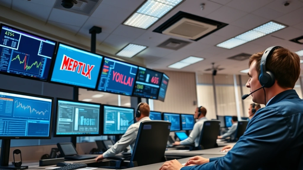 Interior of a modern trucking dispatch center with multiple monitors displaying logistics data, professional staff in headsets, contemporary office environment, bright lighting