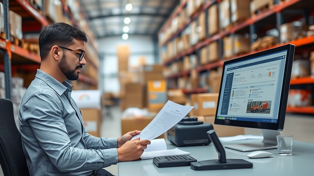 Professional logistics coordinator reviewing shipping documentation at a clean desk with computer terminal, organized warehouse environment visible in background, business attire