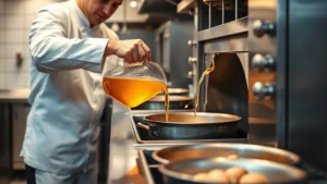 Professional commercial kitchen with stainless steel surfaces, chef in white uniform carefully pouring rendered chicken oil into professional cooking equipment, warm lighting highlighting the golden liquid