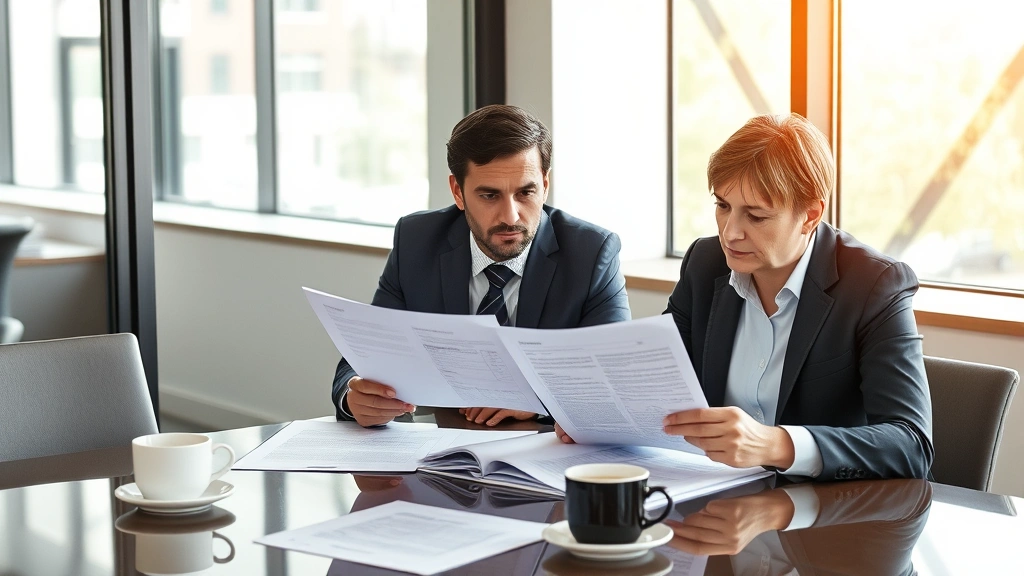 Two business professionals reviewing supplier contracts and performance documents at a modern conference table with coffee cups, natural window lighting, serious focused expressions