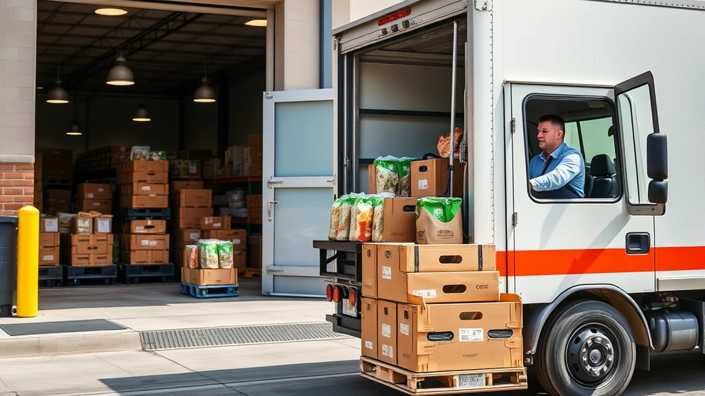 Delivery truck unloading food service products at commercial restaurant loading dock, professional uniformed driver, organized storage facility in background, daylight scene