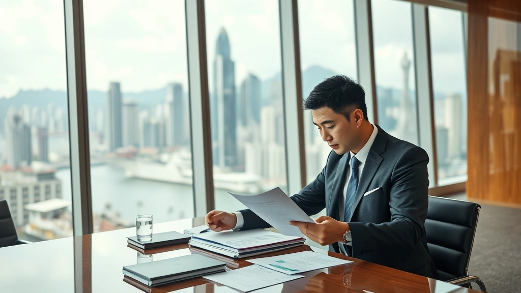 Professional Asian businessman in modern office conference room reviewing documents and financial reports with Hong Kong skyline visible through floor-to-ceiling windows, sophisticated corporate environment