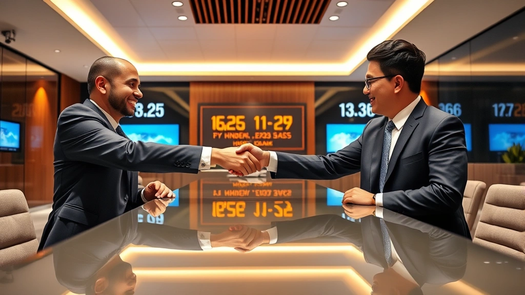 Banking professional and Asian entrepreneur shaking hands across polished desk in contemporary Hong Kong bank office, contemporary financial services setting with digital displays
