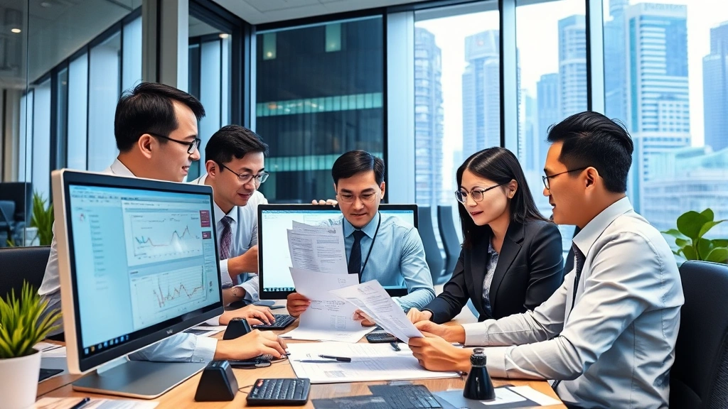 Diverse international business team in modern Hong Kong financial district office reviewing multi-currency transaction documents on computer screens, global commerce environment