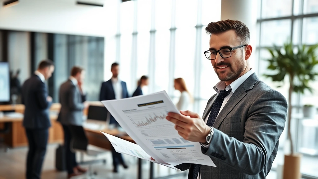 Professional businessman in modern office reviewing financial reports and strategic documents, confident expression, natural lighting from large windows, contemporary workspace with technology visible, diverse team members collaborating in background