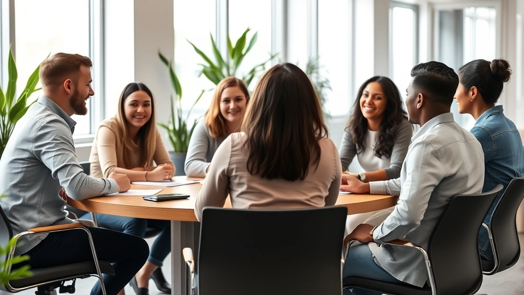 Diverse team of employees in casual business attire engaged in collaborative meeting around conference table, genuine engagement and positive interaction, natural lighting, modern office environment with plants, demonstrating strong workplace culture
