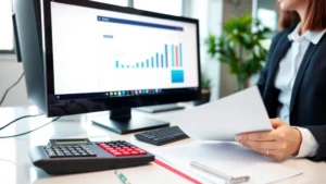 Professional business environment with corporate employee reviewing financial documents on desktop computer, organized workspace with calculator and receipt folder visible, neutral modern office setting