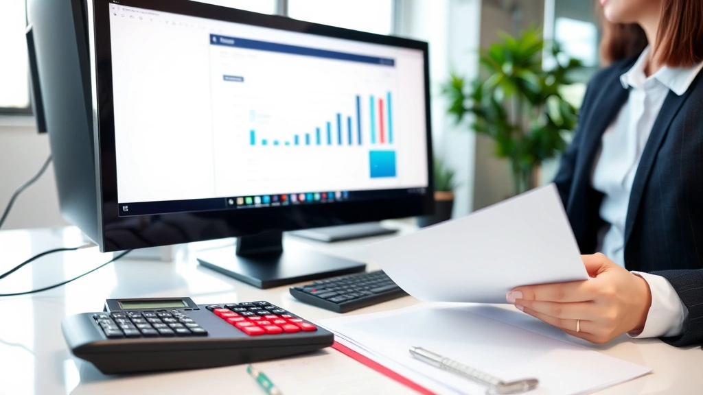 Professional business environment with corporate employee reviewing financial documents on desktop computer, organized workspace with calculator and receipt folder visible, neutral modern office setting