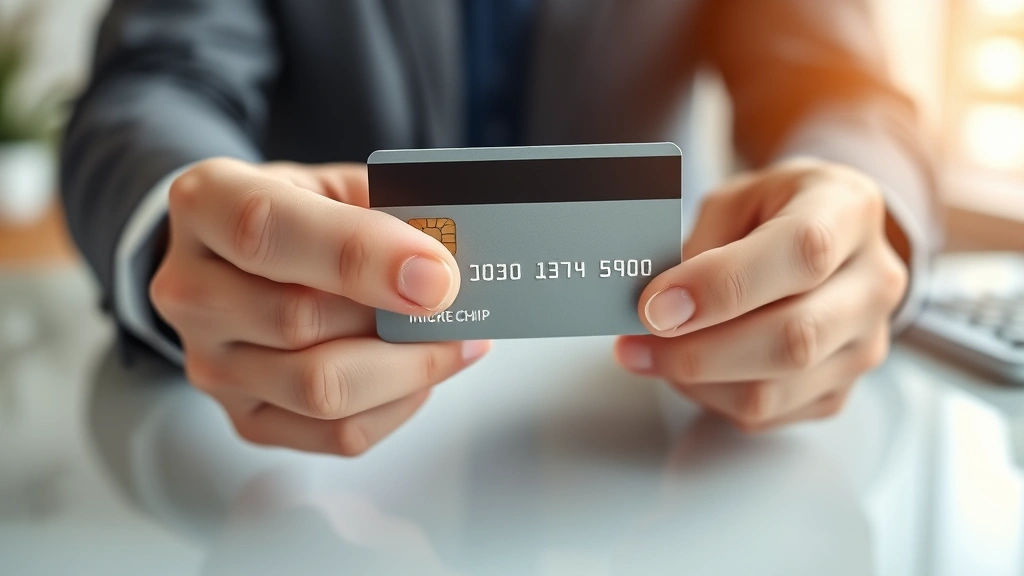 Close-up of hands securely holding corporate credit card with microchip visible, modern minimalist business desk background, emphasis on card security and protection